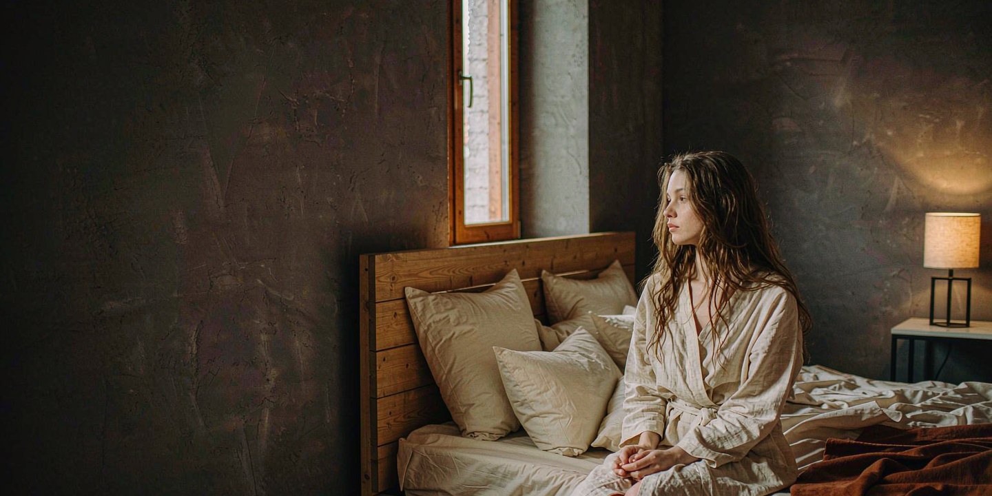 A woman in an ivory linen robe sitting on the edge of a bed dressed in rumpled ivory linen, warm dark bedroom